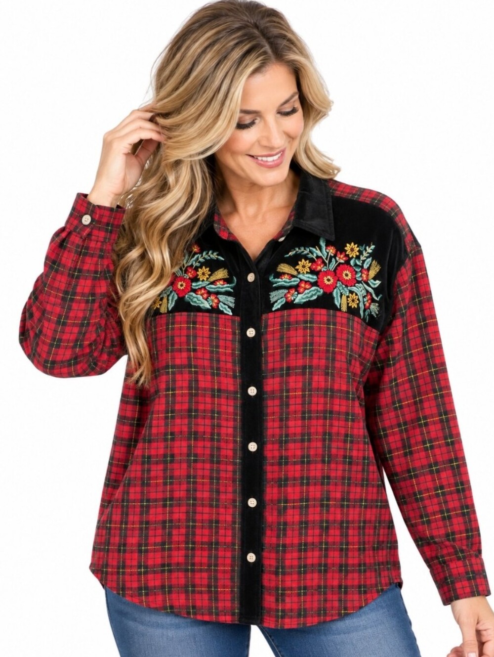 Solutions Blues Vintage Plaid Floral Embroidered Button Down Shirt Large